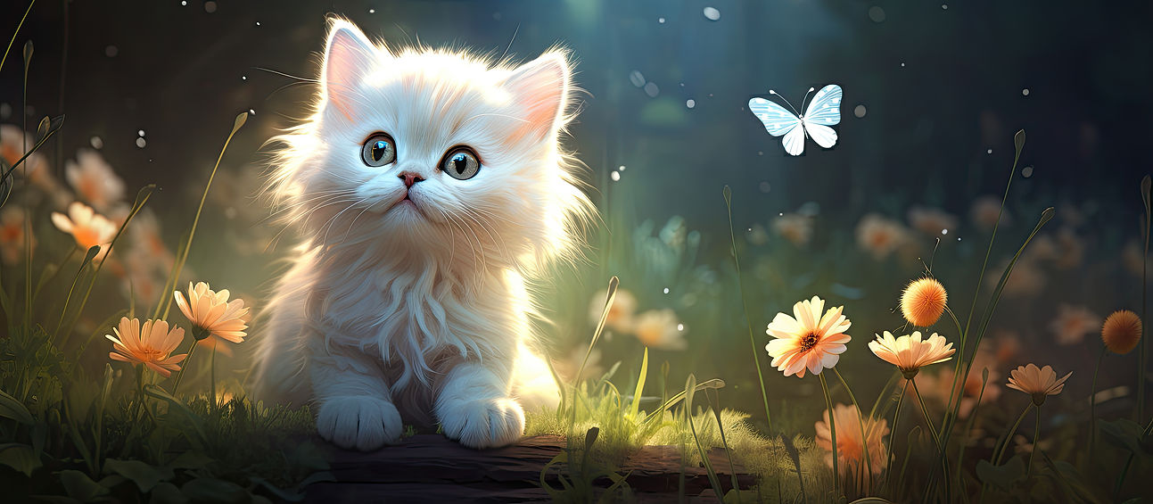 Fluffy kitten and butterfly