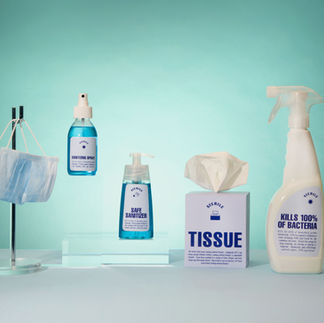 Hand sanitizer, face masks, tissues, and disinfectant spray