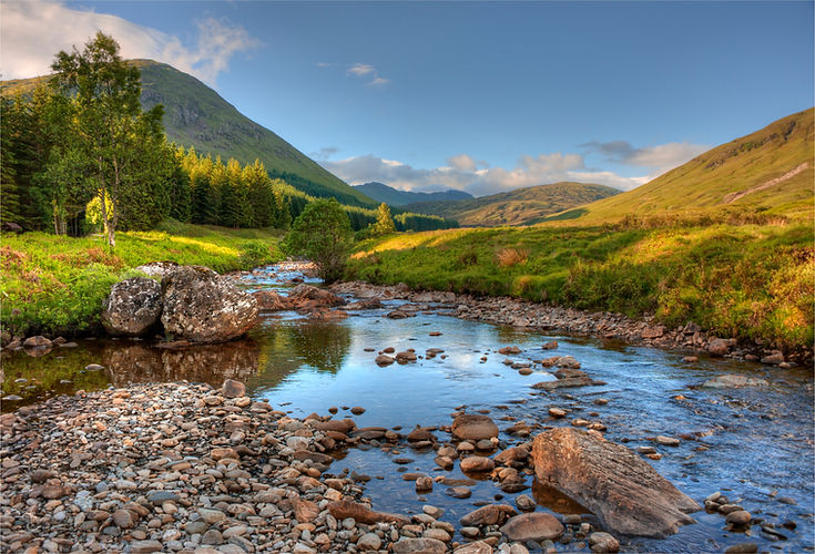 Meandering stream and pretty countryside near Tummel Bridge Scottish highlands