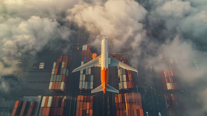 Airplane Above Shipping Containers