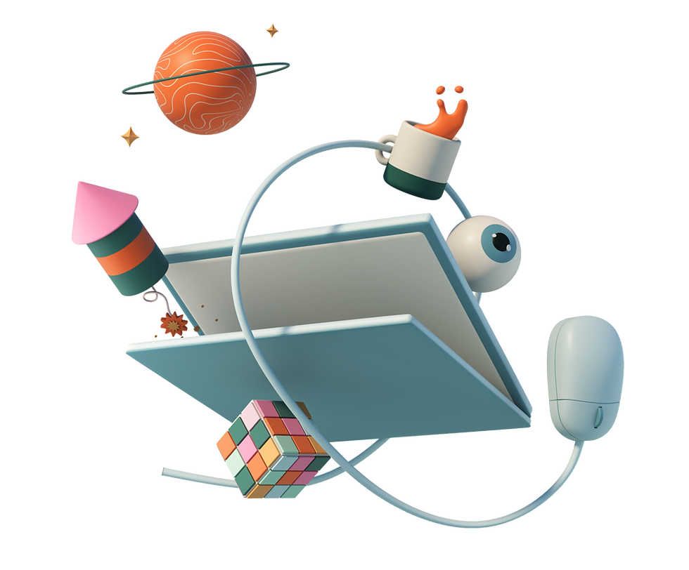 Espace de travail 3D créatif avec ordinateur portable, formes géométriques, souris, planète et tasse de café—illustration d’u
