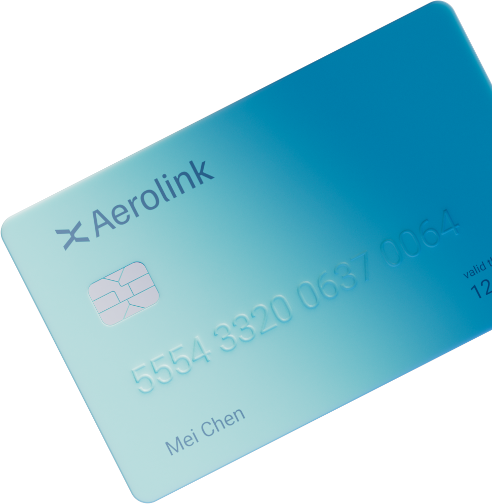 Blue Aerolink credit card with an embedded chip and cardholder details visible.