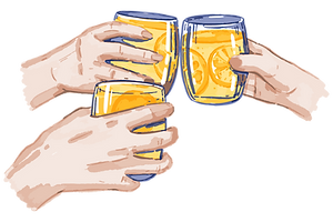 three people clinking their drinks together