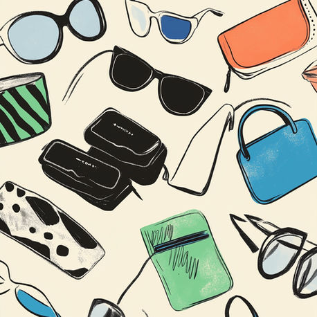 an illustrated image of various vintage accessories, drawn in black and muted colours on a beige background