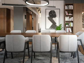 Contemporary Cheshire dining room design showcasing sleek wooden cabinetry, modern artwork, and an integrated wine rack, creating a cozy yet sophisticated home atmosphere.