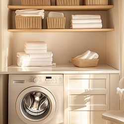 Laundry room with baskets and neatly organized shelves.