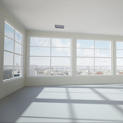 Empty modern office room with urban skyline