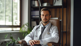 Dr. sitting in his office, looking very full of himself. 