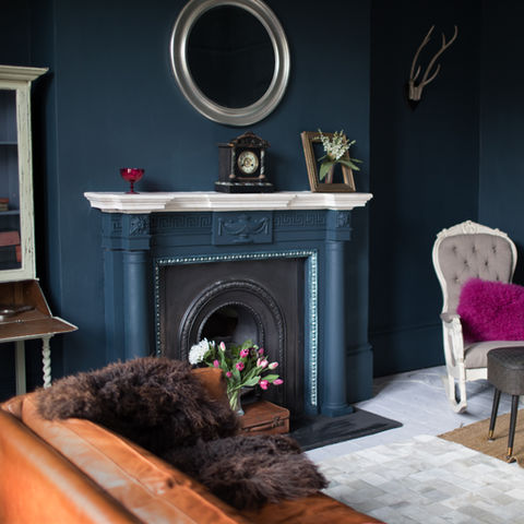 Living room with high ceilings and architectural features