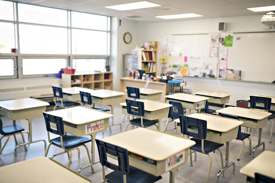 Wide shot of an empty classroom