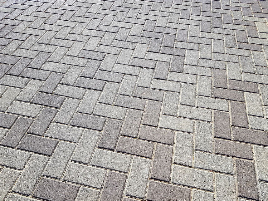 Close-up of a brick walkway adjacent to a white sidewalk, showcasing the texture and color contrast between the surfaces