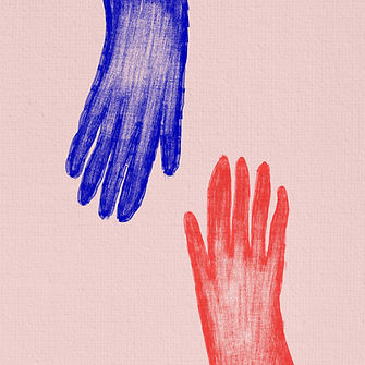 an illustration of two hands, one red, one blue, on a pink background, that are stretching towards each other.