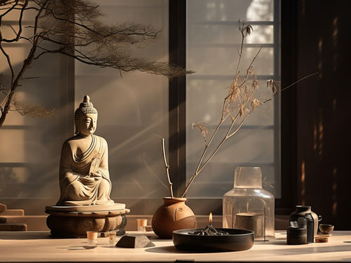 A serene interior scene featuring a small Buddha statue on a wooden table beside a lit candle, dried branches in ceramic vases, and soft sunlight filtering through a window—evoking meditation, stillness, and contemplative spiritual practice.