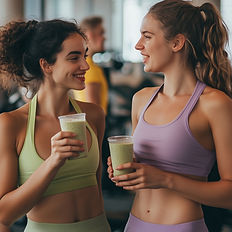 Zwei Frauen mit Smoothies im Fitnessstudio