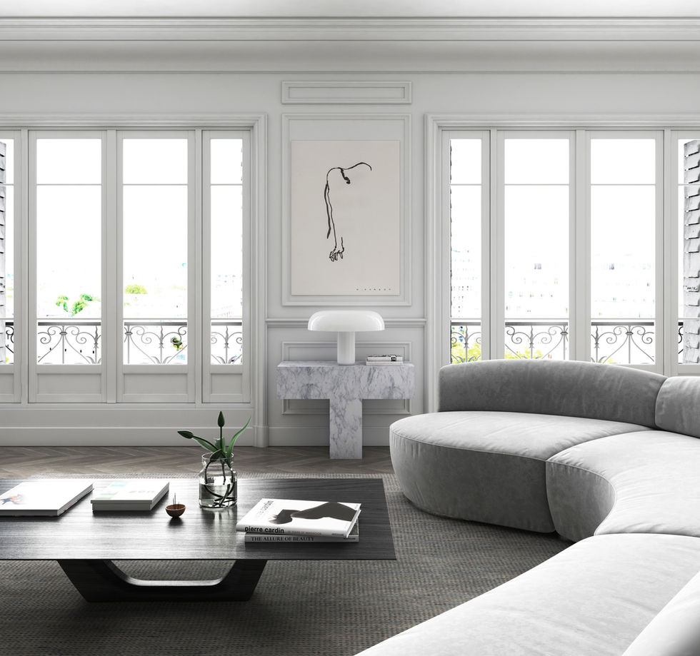 Modern living room with curved sofa and wall painting