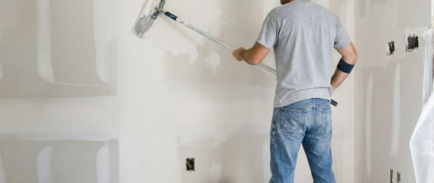 Contractor sanding a drywall during a home renovation.