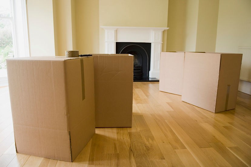 Cardboard boxes are scattered on a hardwood floor in an empty room, suggesting a recent move