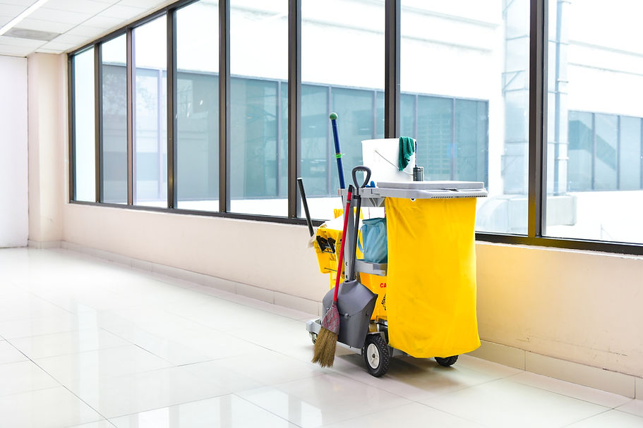 Cleaning tools cart wait for cleaning,Yellow mop bucket and set of cleaning equipment