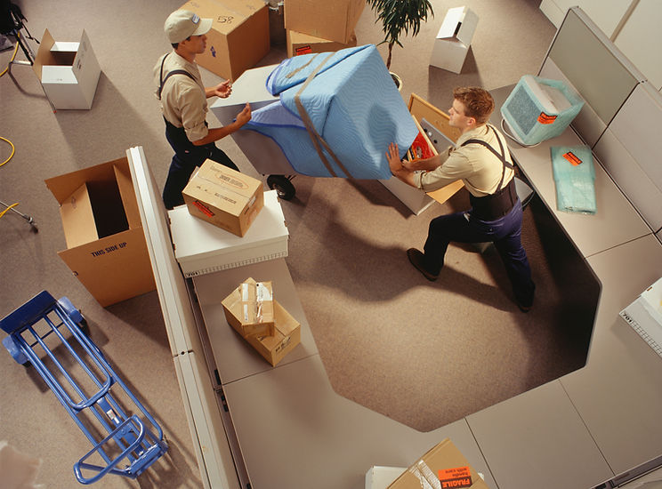 Two removal men moving boxes in office, elevated view
