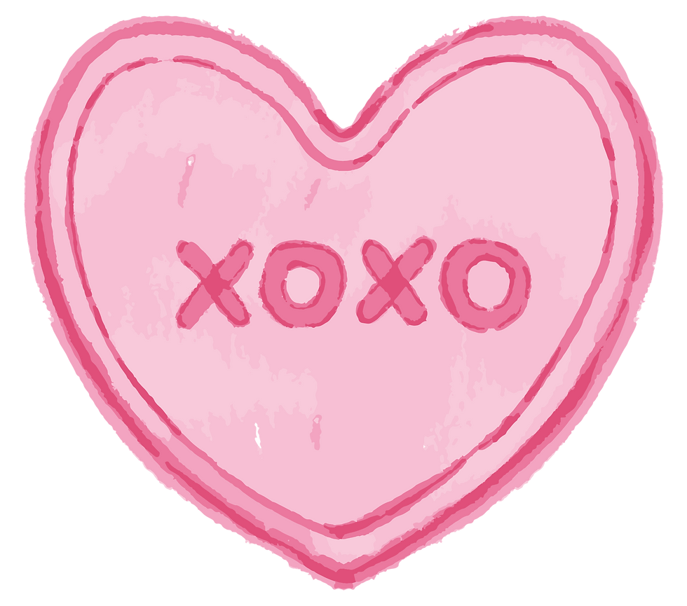 Pink heart-shaped candy with "xoxo" in bold letters. The soft pastel colors evoke a sweet, affectionate mood.