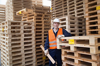 Portrait of young male worker and pallet stacks in timber yard