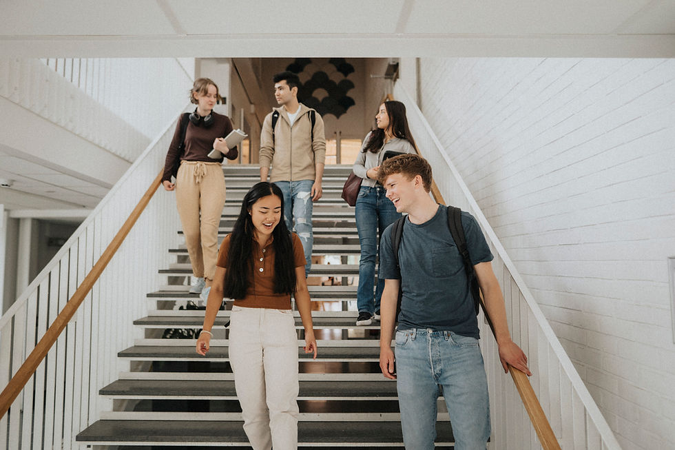 Students walking down stairs in a bright hall, chatting and smiling. Casual attire, backpacks, and light walls create a relaxed, friendly mood.
