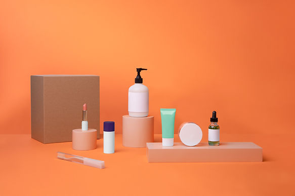 Cosmetics product display with orange background