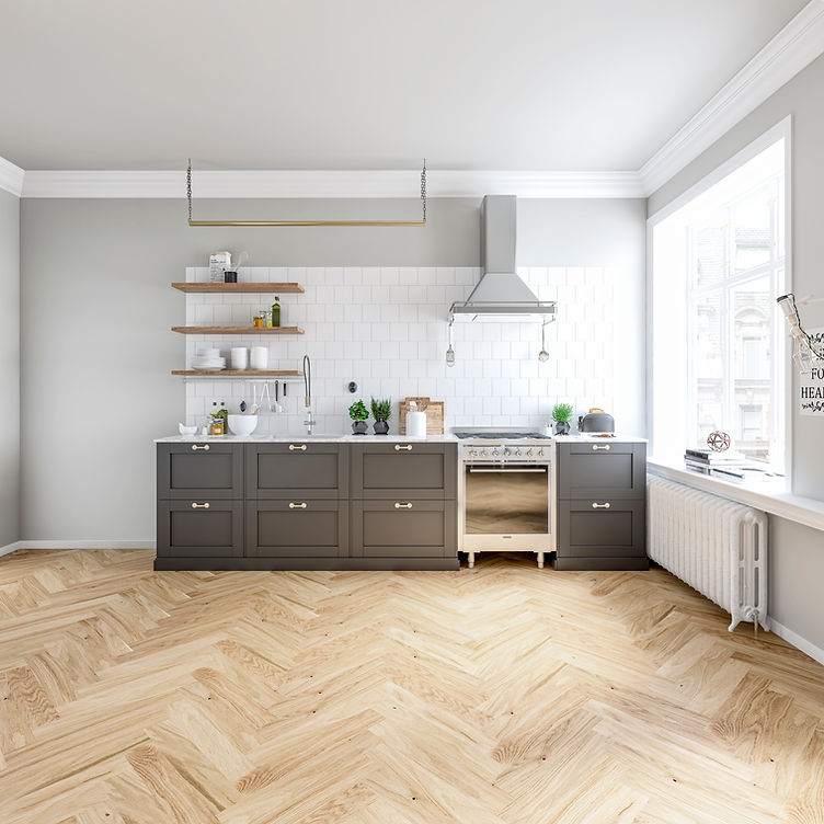 Empty classic elegant kitchen interior with a white and gray wall background