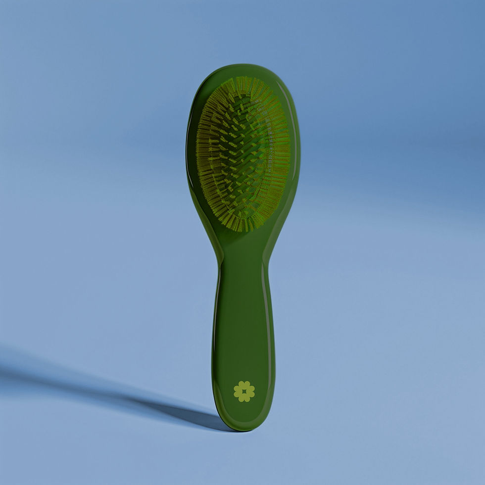 Green hairbrush with yellow bristles and a flower logo stands on a light blue background.