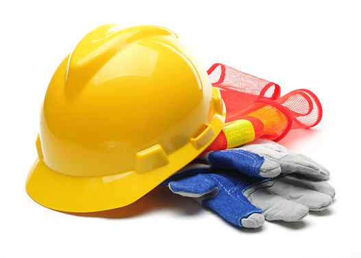 Safety gloves and a yellow hard hat
