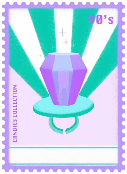 a candies collection stamp with a purple diamond in a ring