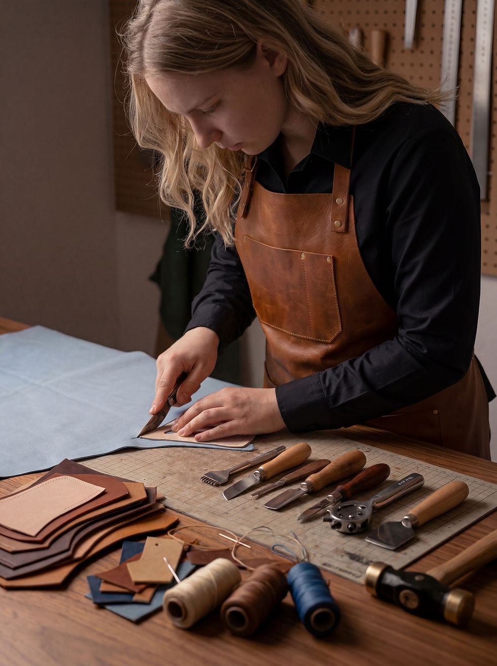 Créatrice artisanale dans son atelier en train de fabriquer ses créations