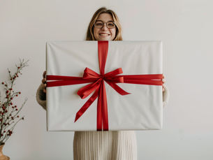 Smiling person in glasses holds large white gift with red ribbon in front of plain background. A vase with red berries on the left.