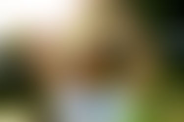 Woman with curly hair smiling, eyes closed, arms raised in sunlight. Wearing gray shirt, yellow earrings. Green park background, serene mood.