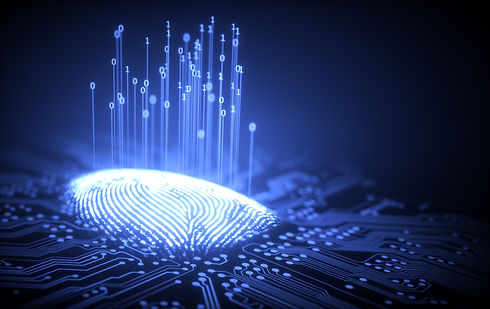 3D illustration. Fingerprint integrated in a printed circuit, releasing binary codes