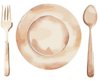 Beige coloured image- plate with fork on left side and spoon on right side.