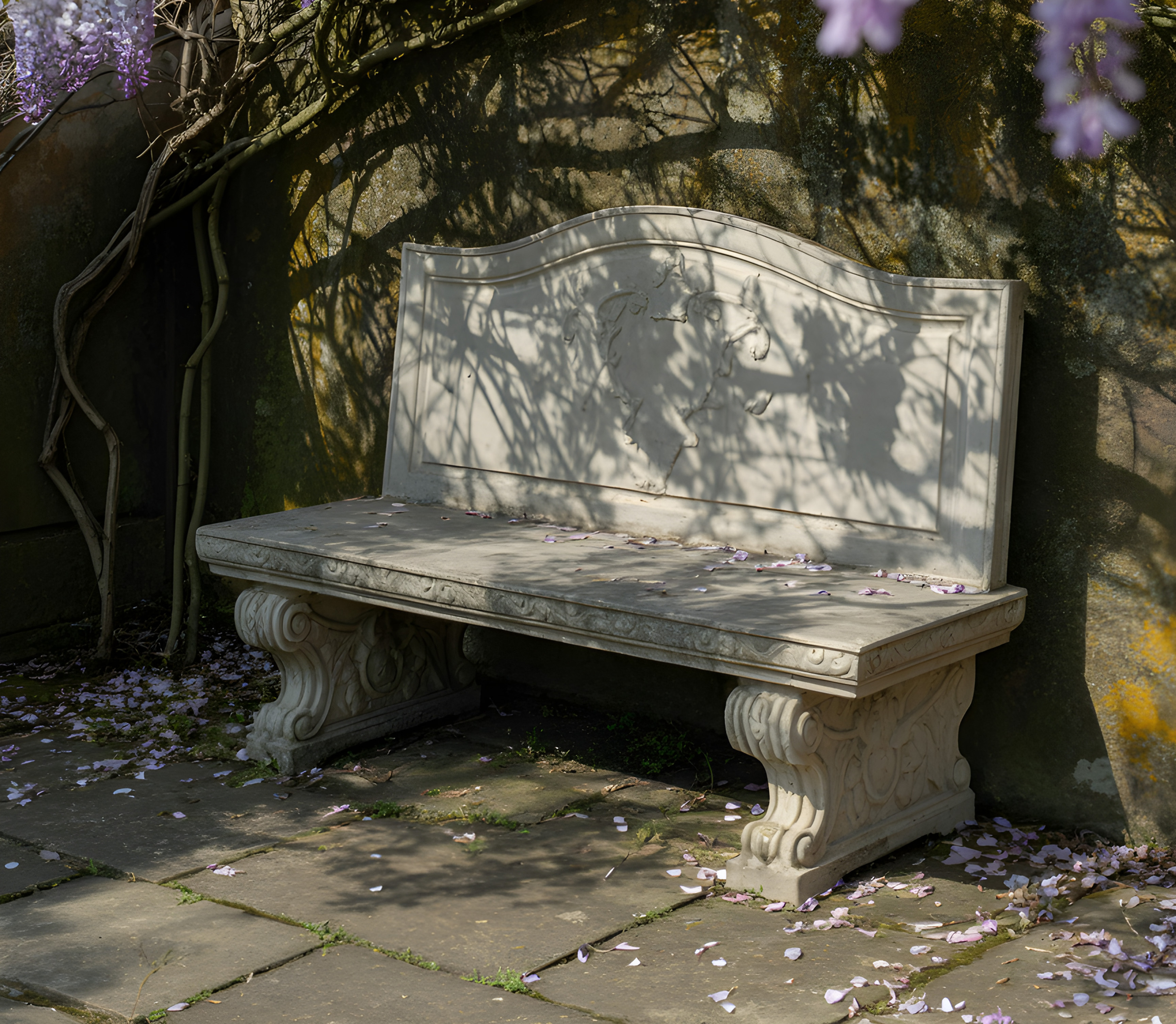 Stone bench under hanging purple wisteria in a sunlit garden courtyard, with fallen petals scattered on the stone floor.