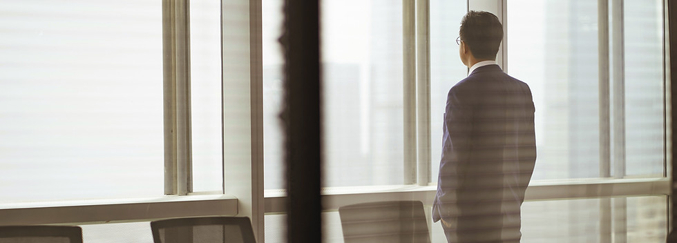Executive standing in a conference room looking out over the city, reflecting.