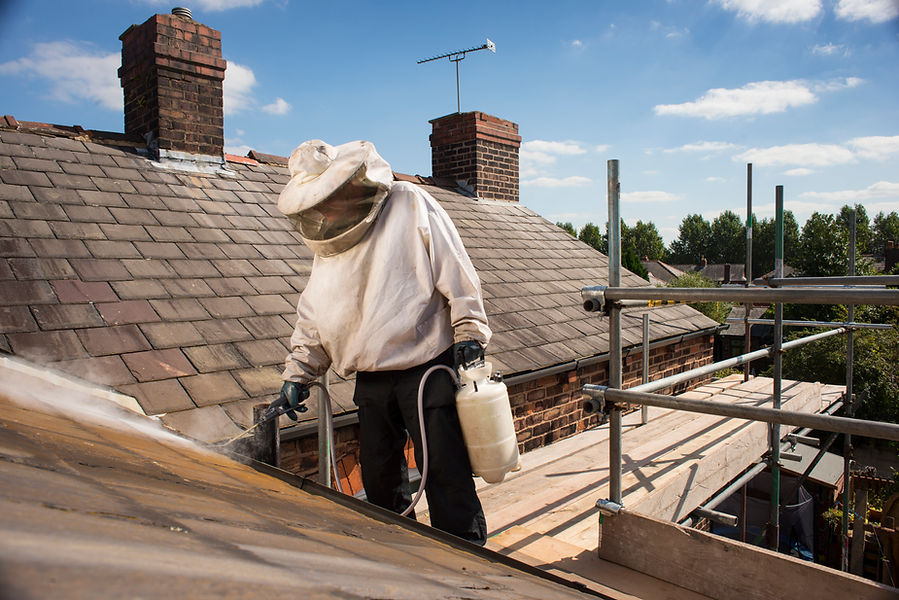 a worker in protective suit spraying disinfectant on roof tiles