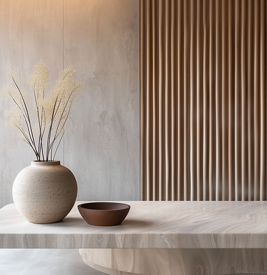 Minimalist stone vase with dried botanical stems beside a small dark bowl, evoking calm and intentional care