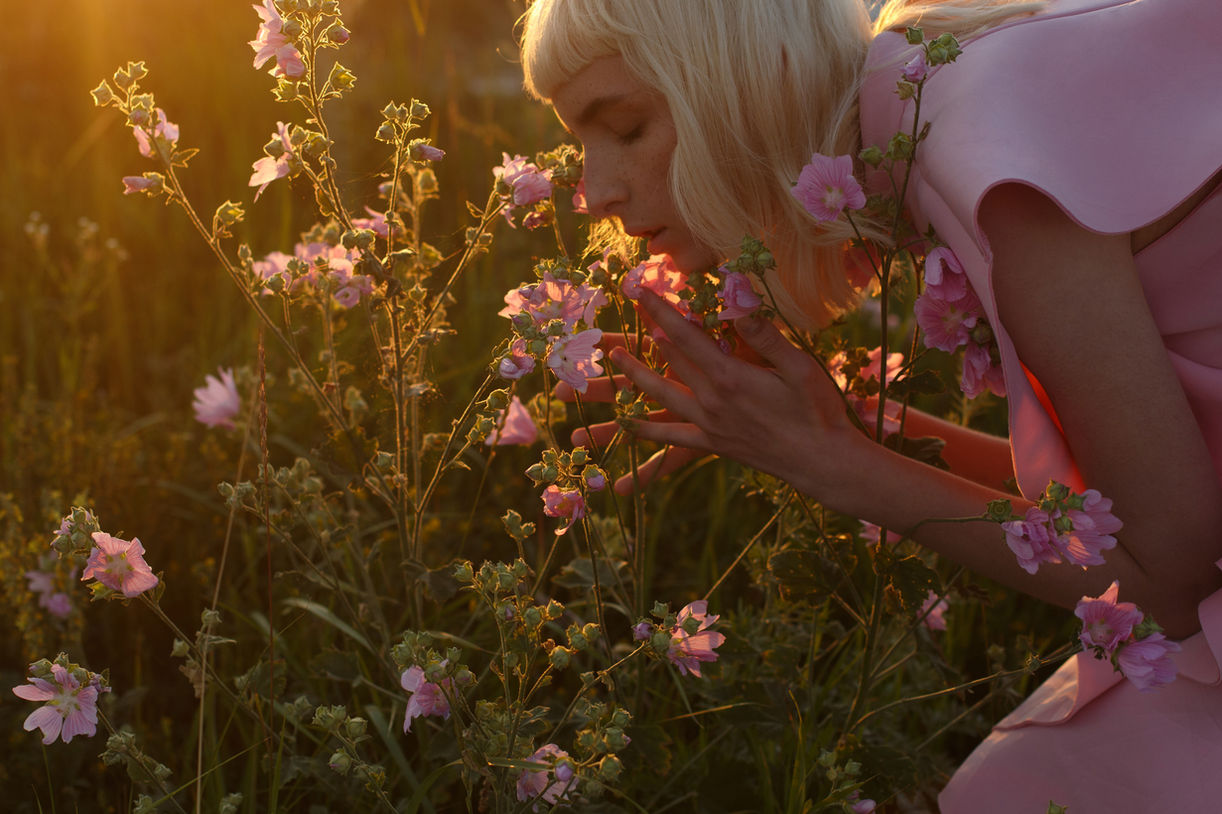 Femme blonde sentant des fleurs roses au coucher du soleil
