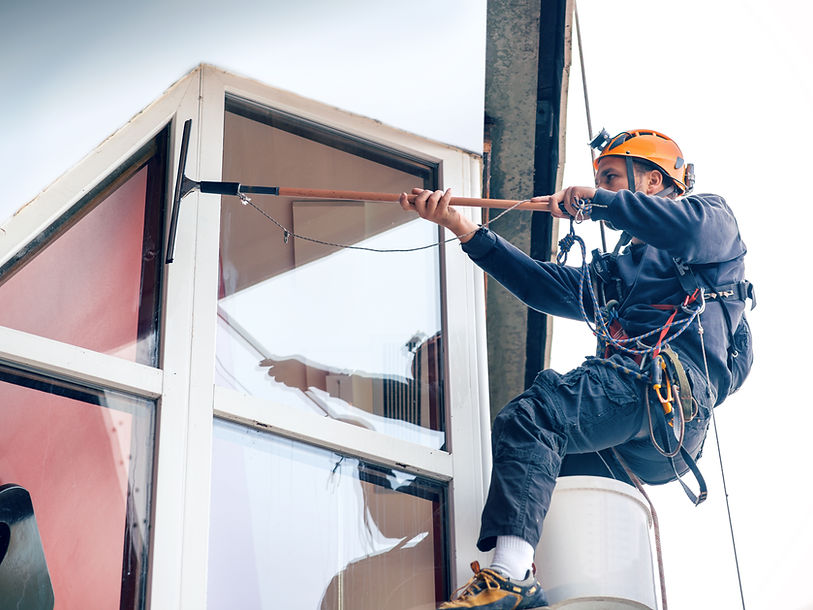 A man hangs from ropes while cleaning windows
