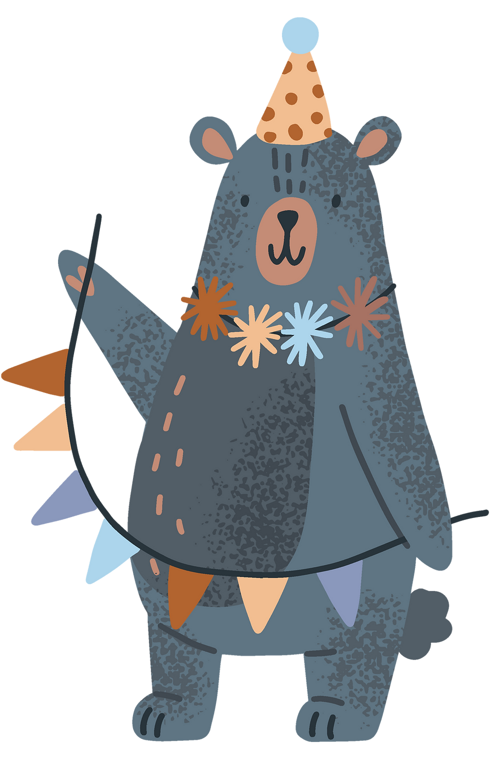 A bear wearing a party hat holding a party garland