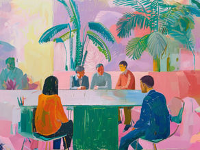 People in a colorful room sit around a table, engaged in discussion. Vibrant abstract background with palm leaves creates a lively mood.