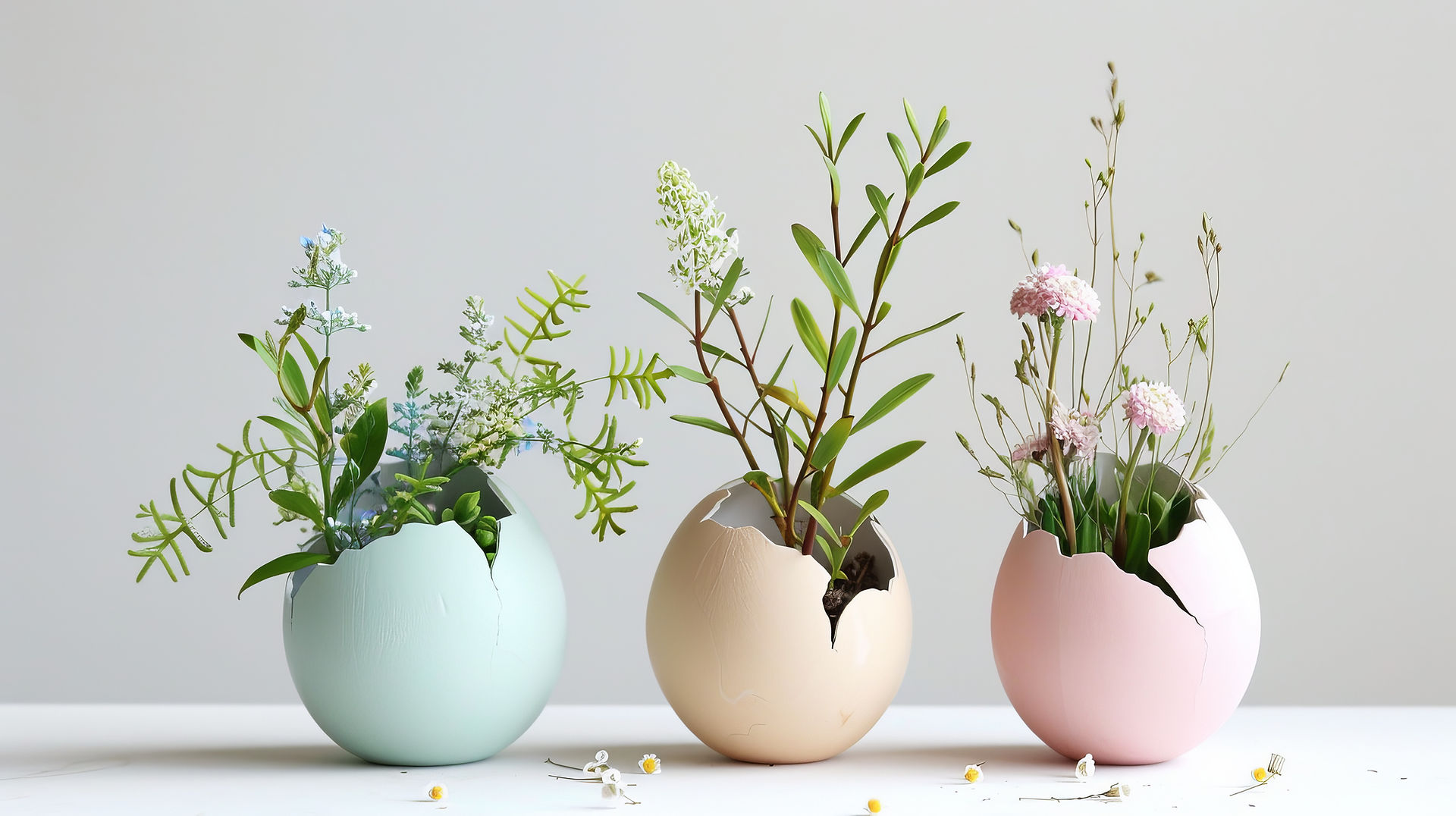 Vases in the shape of Easter eggs decorated with colourful flowers add a festive touch to spring decorations, creating a cheerful atmosphere.