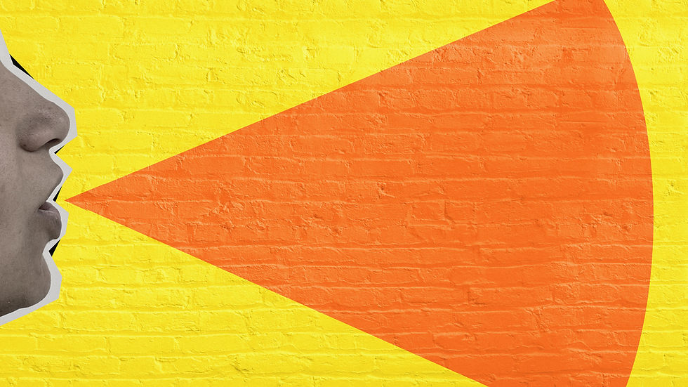 Uma pessoa à esquerda da imagem está falando e um grande cone laranja sai da sua boca em direção à direita. O fundo é amarelo.