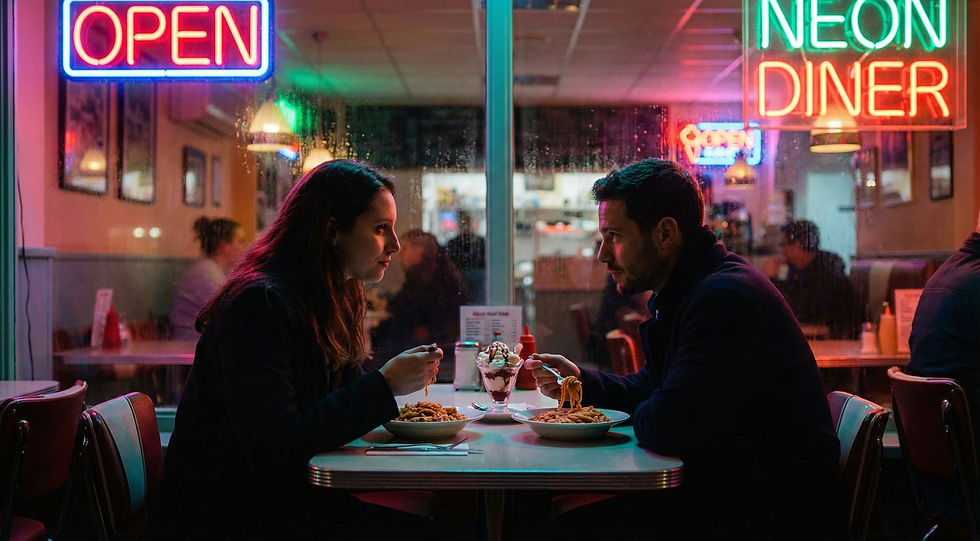 Couple at a diner facing mixed signals in dating.