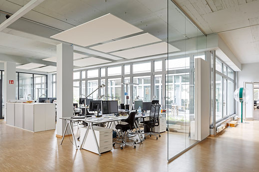 Bright open-plan office interior featuring frameless glass partition walls and exterior windows