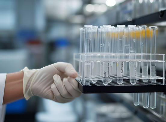 Gloved hand holding a rack of transparent test tubes in a laboratory setting, emphasizing precision and scientific research.