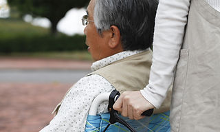 A gentleman being pushed in a wheelchair